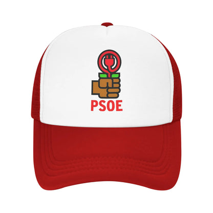 PSOE-logo, Pedro Sanchez, verkkokangas-trucker-lippis, trendikäs kesäinen, hengittävä, verkkokangaspohjainen baseball-lippis, säädettävä, vapaa-ajan käyttöön
