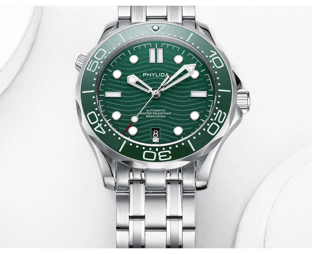 PHYLIDA New Green Dial PT5000 MIYOTA Automatic Watch DIVER 200M Sapphire Crystal Solid Bracelet WR 20Bar