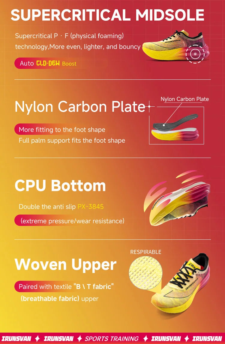 IRUNSVAN Scarpe da running professionali per maratona con piastra in carbonio e nylon, leggere e ammortizzate, sneakers outdoor da allenamento per uomo e donna