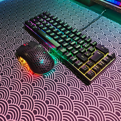 Conjunto portátil de teclado e rato gaming HXSJ 60% RGB: teclado de membrana com fios de 68 teclas e rato sem fios leve de 3 modos para PC e Mac
