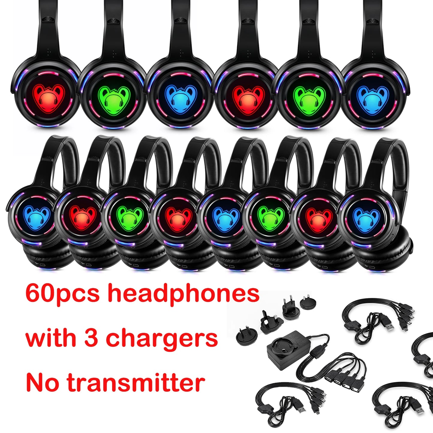 Auscultadores sem fios Silent Disco RF LED DJ Party 863–865MHz/915MHz com iluminação LED de 3 canais e bateria de 10H