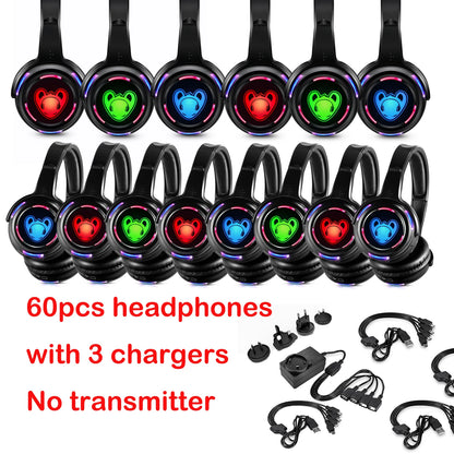 Auscultadores sem fios Silent Disco RF LED DJ Party 863–865MHz/915MHz com iluminação LED de 3 canais e bateria de 10H