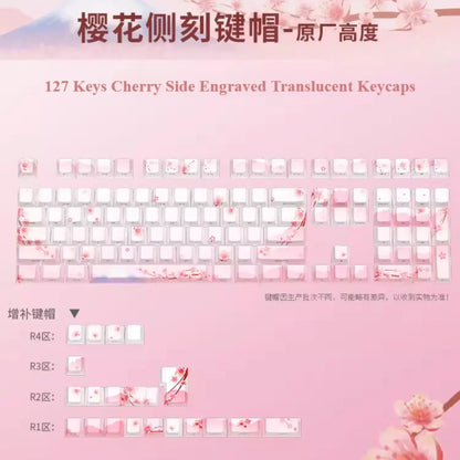 Conjunto de Keycaps Sakura Pink com Gravação Lateral em PBT Translúcido, 127 Teclas para Teclados Mecânicos MX Switch 60/84/90/104/108