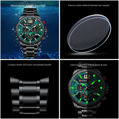 Orologio da uomo CURREN sportivo al quarzo con cronografo, in acciaio inox di lusso con quadrante luminoso