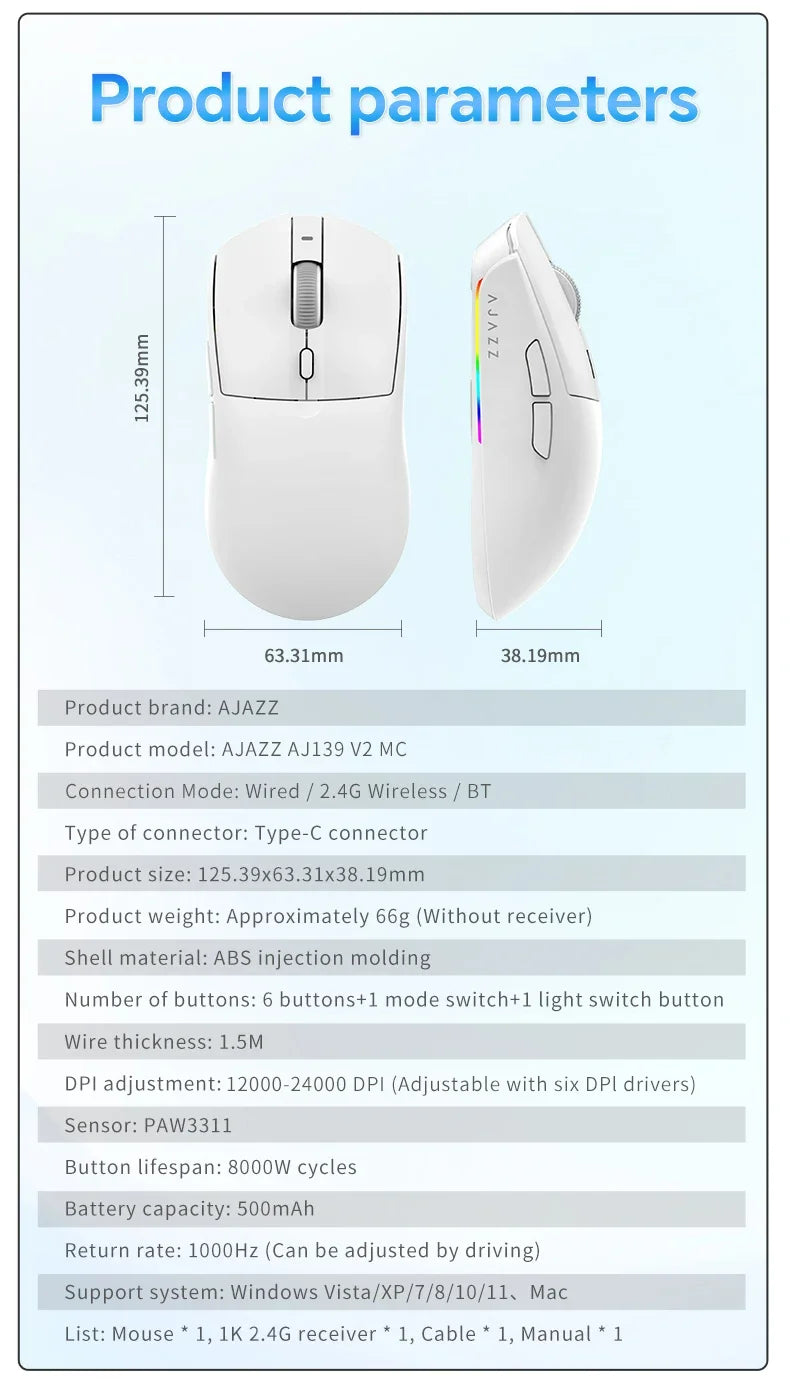 AJAZZ AJ139 V2 MC/AJ139 PRO belaidė žaidimų pelė su PAW3311/PAW3395 jutikliu, 12000DPI/26000DPI, 500mAh „Bluetooth“ pelė žaidėjams, skirta PC