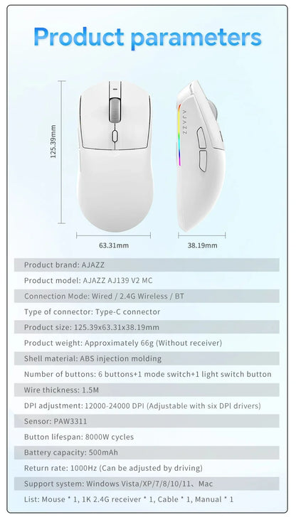 AJAZZ AJ139 V2 MC/AJ139 PRO belaidė žaidimų pelė su PAW3311/PAW3395 jutikliu, 12000DPI/26000DPI, 500mAh „Bluetooth“ pelė žaidėjams, skirta PC