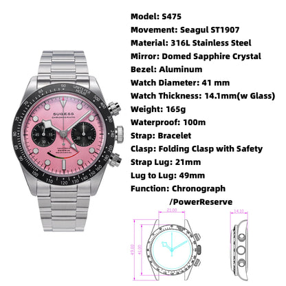 Sugess Chronograph Watch for Mens ST1907 Movement Mechanical Sapphire Crystal Wristwatches Waterproof Pilot Air Force Clock S475
