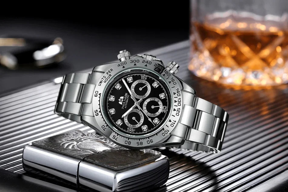 Automatic Mens Watch Mechanical Self Wind Movement Gold Black Stainless Steel Diamonds Stone Sports Luxury Fashion Watches