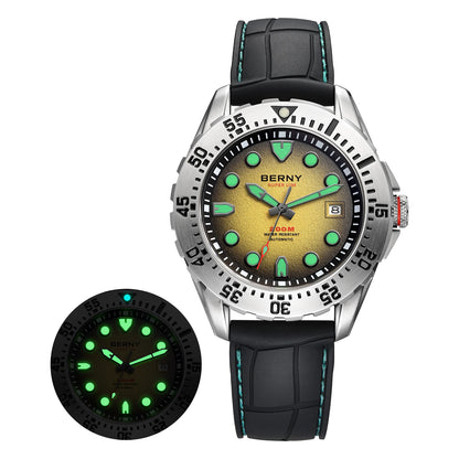 BERNY Men's Automatic Diver Watch Supper Luminous Sapphire AR Coated MIYOTA 8215 316LStainless Steel Single Crown Diving Watches