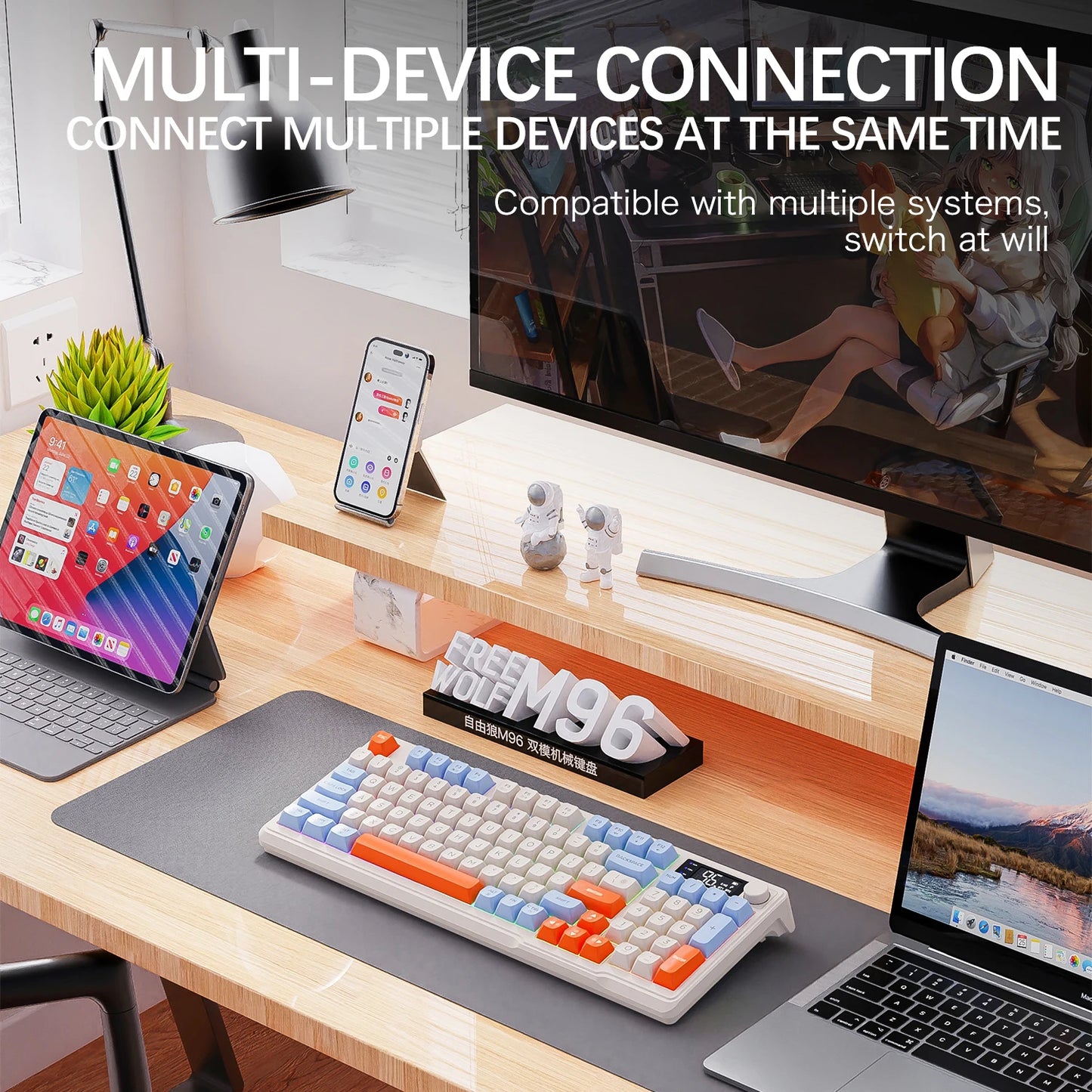 Teclado Bluetooth Sem Fios M96 FREEWOLF com Ecrã Gaming, Ecrã Eletrónico, Ligação a Vários Dispositivos, Ergonomia Gaming
