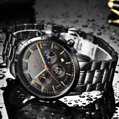 LIGE herenhorloge – Luxe quartz-chronograaf, waterdicht (3 bar), met lichtgevende wijzers – Cadeautip (inclusief doos)