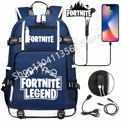 Yule Trooper F-Fortnited Battle Royale Backpack with USB Charging Anime Figures Study Stationery Compartment Students Mochila