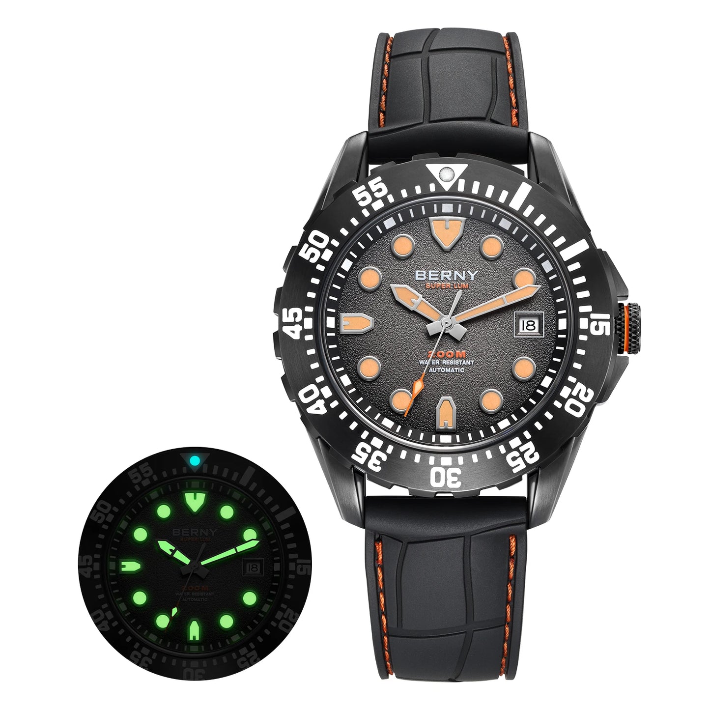 BERNY Men's Automatic Diver Watch Supper Luminous Sapphire AR Coated MIYOTA 8215 316LStainless Steel Single Crown Diving Watches