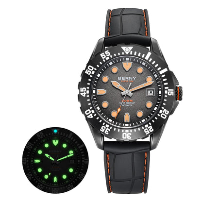 BERNY Men's Automatic Diver Watch Supper Luminous Sapphire AR Coated MIYOTA 8215 316LStainless Steel Single Crown Diving Watches