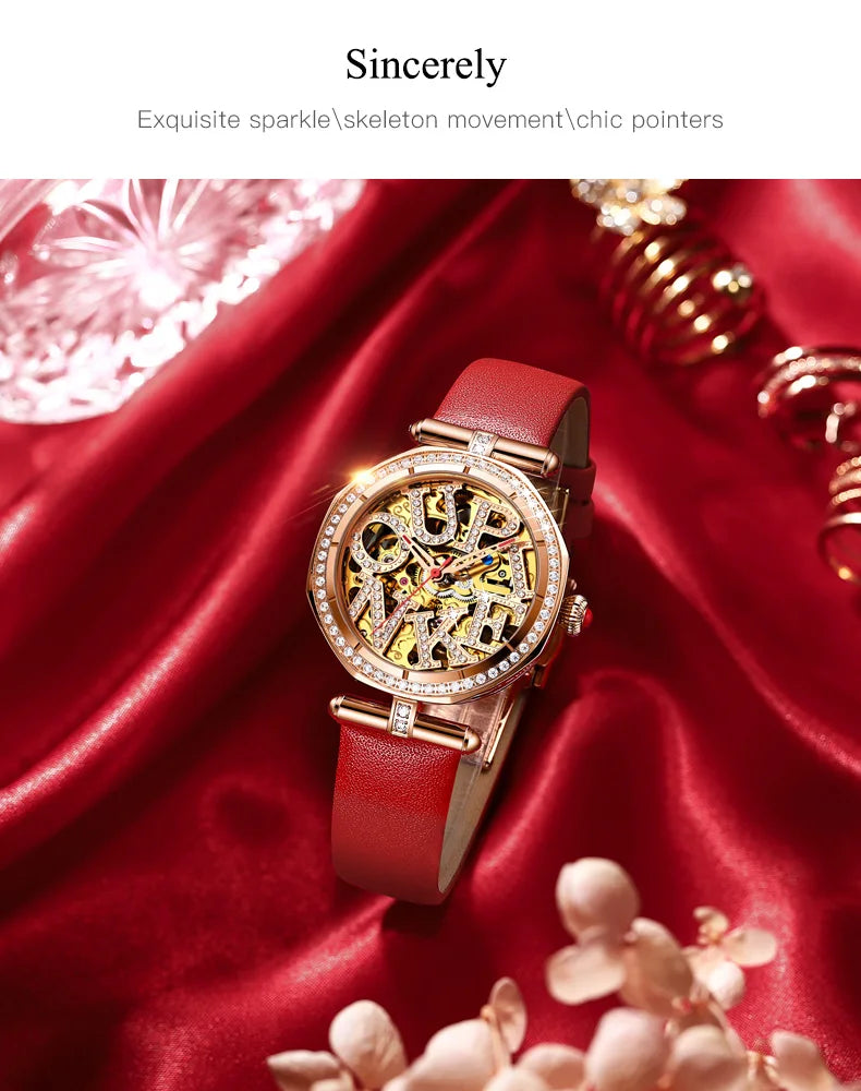OUPINKE 3175 Women Watches Luxury Elegant Skeleton Automatic Mechanical Watches For Woman 50M Waterproof Bracelet Necklace Set