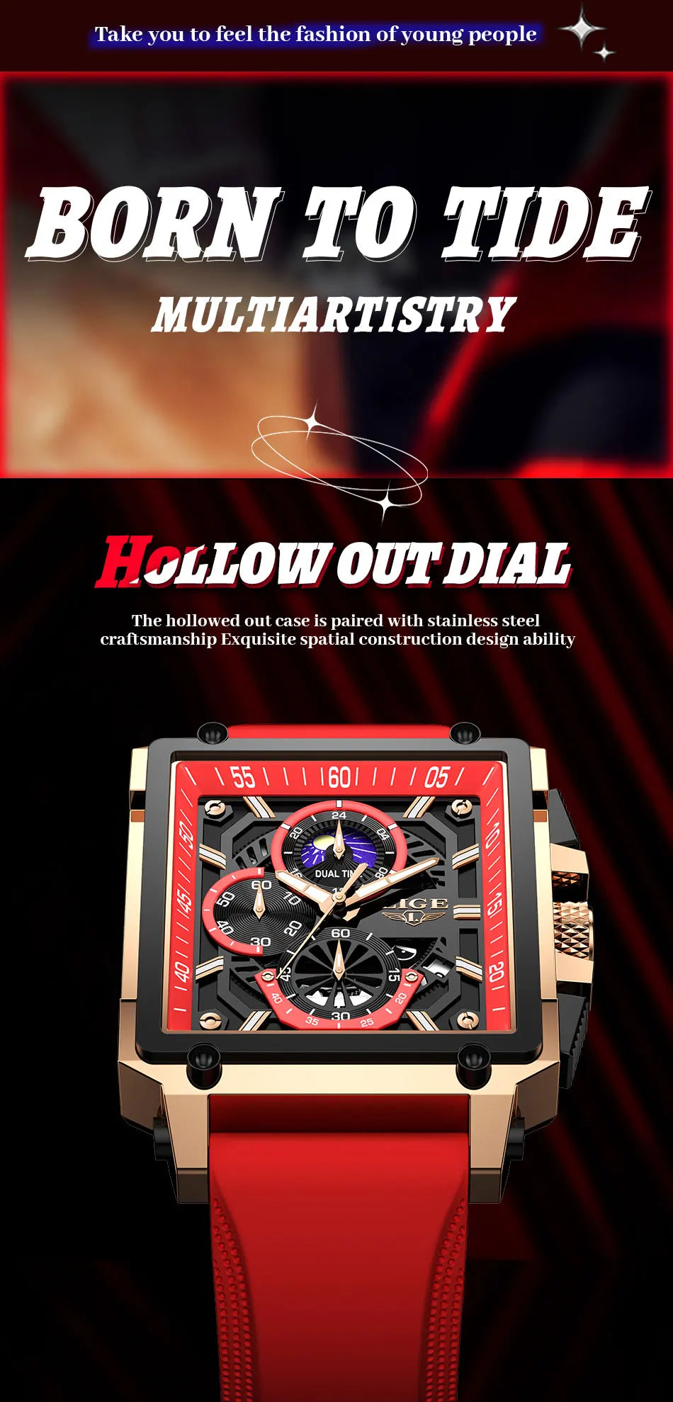 New LIGE Mens Watches Top Brand Luxury Hollow Square Sport Watch For Men Fashion Silicone Strap Waterproof Quartz WristWatch+Box