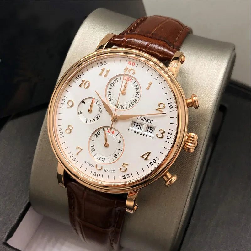 Luxury Brand Switzerland LOBINNI Ewiger Kalender Automatische mechanische Herrenuhr Saphirglas Multifunktionsuhr L13019-8