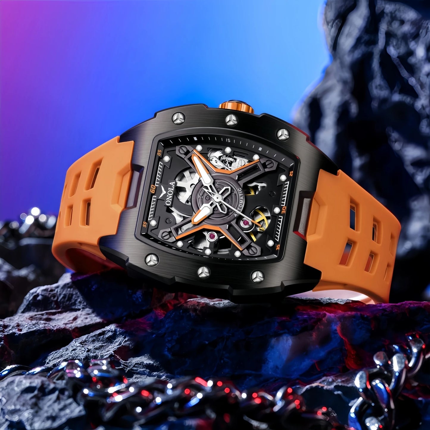 ONOLA Men's Rose Gold Automatic Mechanical Watch Silicone Strap Waterproof Luminous Hollow Dial Watch