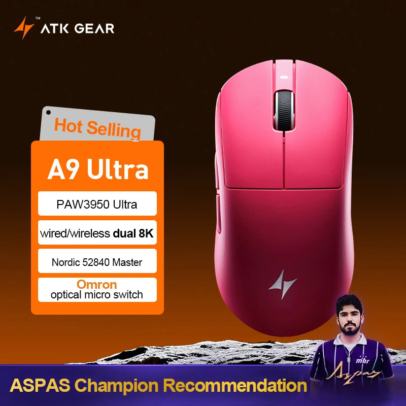 „ATK Dragonfly A9 Ultimate“ belaidė žaidimų pelė, „PAW3950 Ultra 8 kHz“ ergonomiška lengva žaidimų pelė, skirta FPS, e. sportui ir „CSGO“