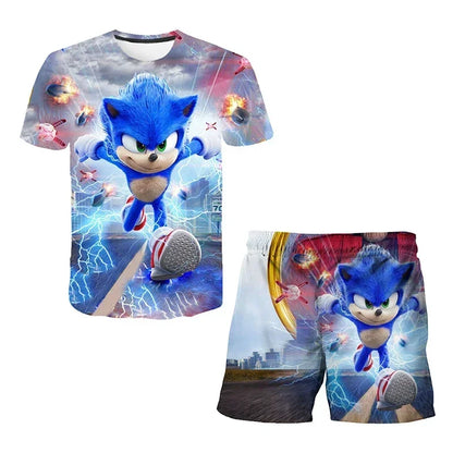 Fashion 3D Anime Children's T-shirt Set Sonic The Hedgehog Top Short Sleeve + Shorts Two-piece Set Girls Boys Cosplay Costume