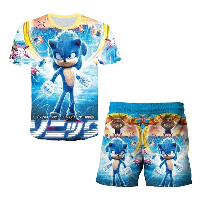 Fashion 3D Anime Children's T-shirt Set Sonic The Hedgehog Top Short Sleeve + Shorts Two-piece Set Girls Boys Cosplay Costume