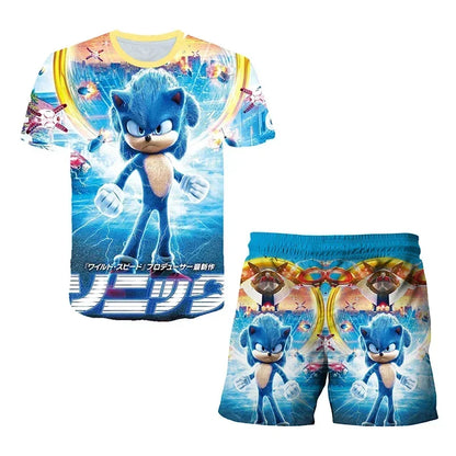 Fashion 3D Anime Children's T-shirt Set Sonic The Hedgehog Top Short Sleeve + Shorts Two-piece Set Girls Boys Cosplay Costume
