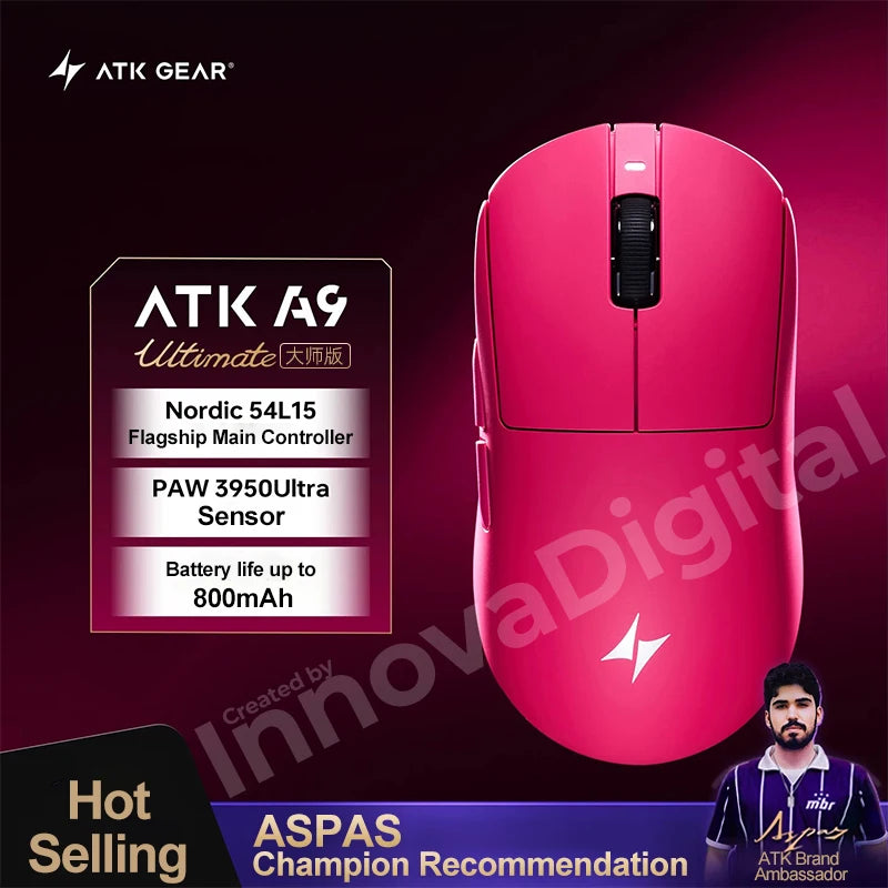 „ATK Dragonfly A9 Ultimate“ belaidė žaidimų pelė, „PAW3950 Ultra 8 kHz“ ergonomiška lengva žaidimų pelė, skirta FPS, e. sportui ir „CSGO“