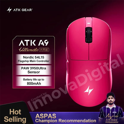 „ATK Dragonfly A9 Ultimate“ belaidė žaidimų pelė, „PAW3950 Ultra 8 kHz“ ergonomiška lengva žaidimų pelė, skirta FPS, e. sportui ir „CSGO“