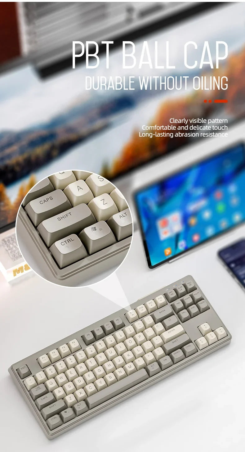 Teclado M87 Sem Fios Bluetooth de Modo Duplo, Sensação Mecânica para Gaming e Escritório, Silencioso, Teclas PBT Ball Cap, Luz Arco-Íris
