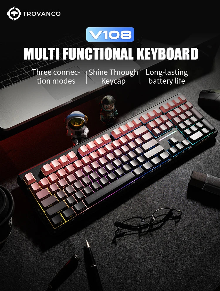 Teclado Bluetooth V108 Pro para escritório, baixo ruído, 2.4G, com e sem fios, layout completo, membrana com retroiluminação RGB