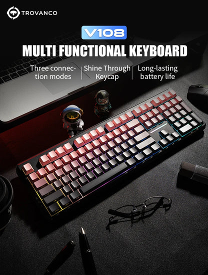 Teclado Bluetooth V108 Pro para escritório, baixo ruído, 2.4G, com e sem fios, layout completo, membrana com retroiluminação RGB