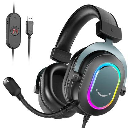 FIFINE RGB Gaming Headset with Mic – 7.1 Surround Sound Wired Over-Ear USB Headphones for PC, PS4, PS5, with EQ Modes & Noise Isolation