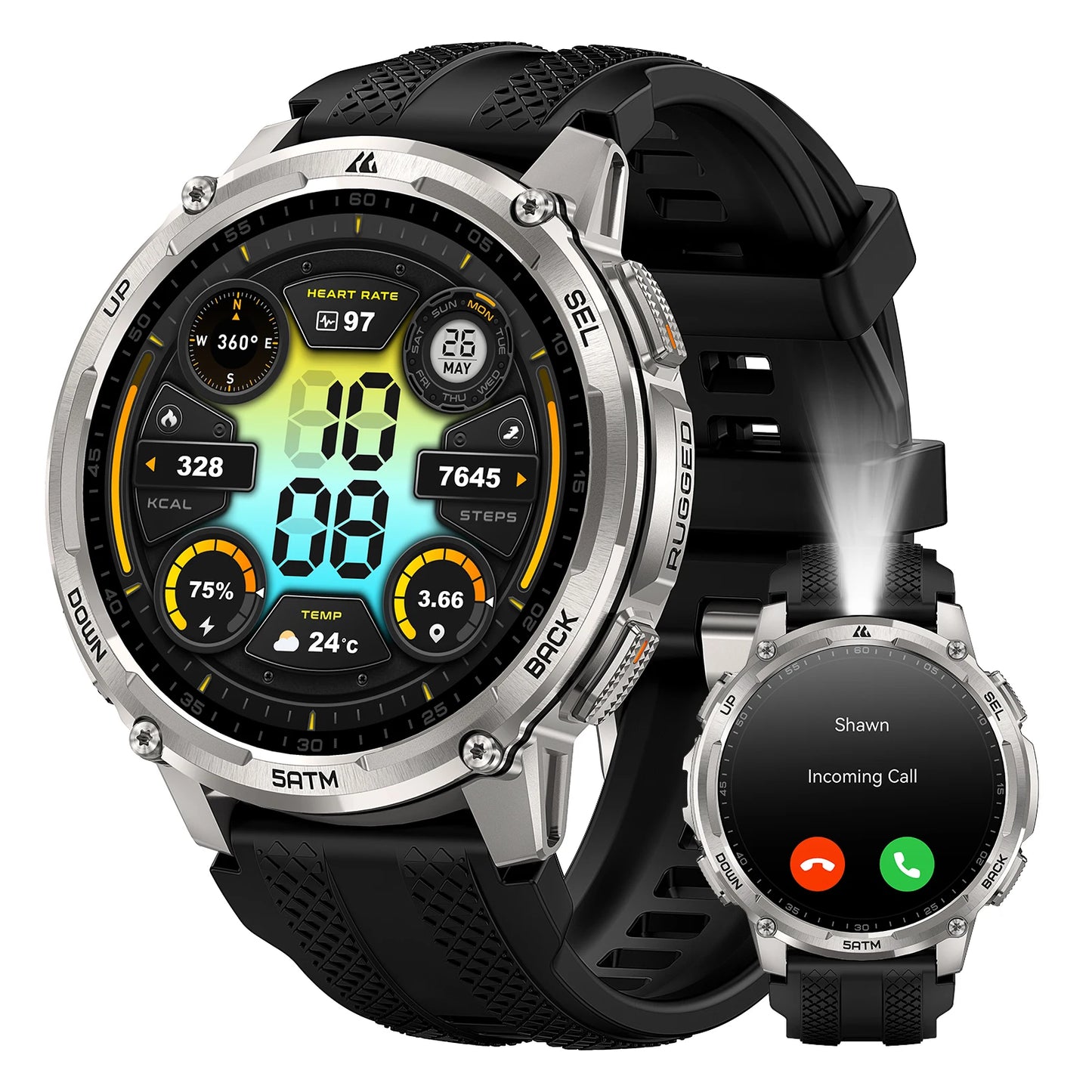 KOSPET TANK T4C Smartwatch Men's Outdoor GPS Watch with Bright LED Flashlight 5ATM Water-Resistant for Swimming Military Tough