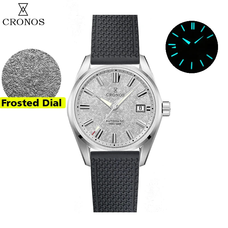 Cronos Men Watch 39mm Automatic Miyota 9015 Movement Wristwatches White Dial Birch Pattern Solid Links Sapphire 10 ATM L6040M