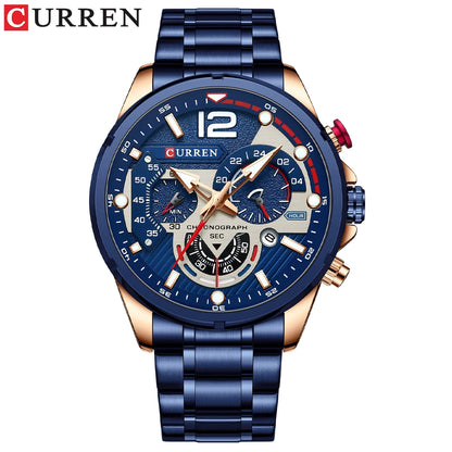 Orologio da uomo CURREN sportivo al quarzo con cronografo, in acciaio inox di lusso con quadrante luminoso