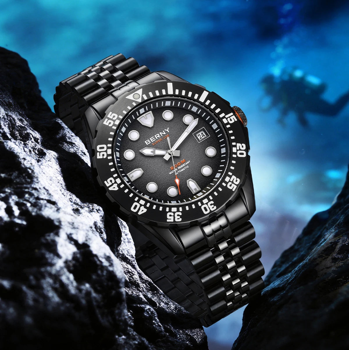 BERNY Men's Automatic Diver Watch Supper Luminous Sapphire AR Coated MIYOTA 8215 316LStainless Steel Single Crown Diving Watches
