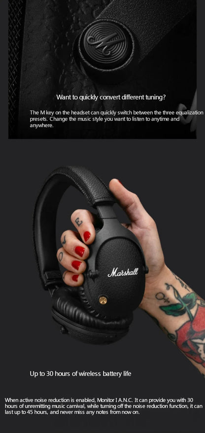 Auscultadores sem fios com cancelamento de ruído Marshall MONITOR II A.N.C. – Headset Bluetooth premium over-ear com graves profundos, microfone e áudio para gaming