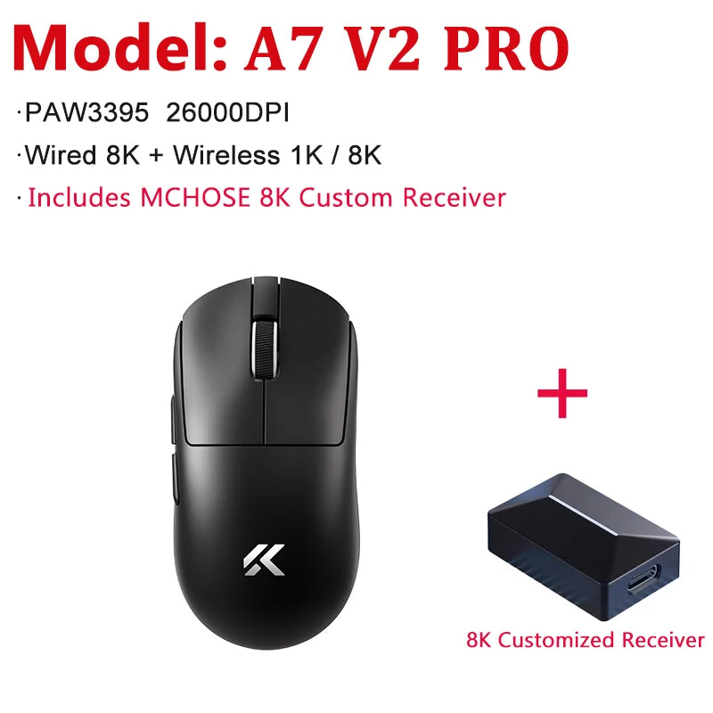 MCHOSE A7 V2 Ultra / Pro könnyű vezeték nélküli gamer egér, dupla 8000Hz, PAW3950 TI, 42000DPI – PC-s e-sport játékosoknak