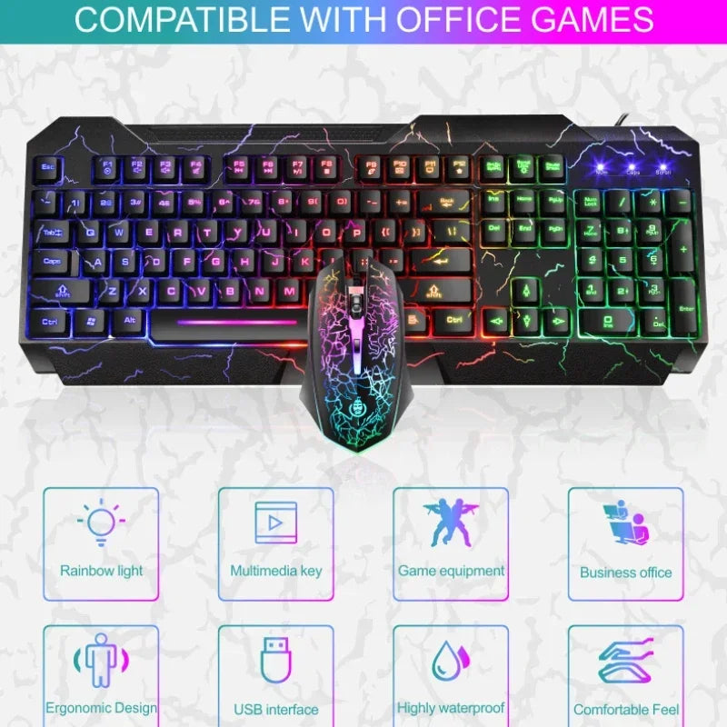 Conjunto de Teclado e Rato Gaming com Fios para Computador de Secretária, Sensação Mecânica e Retroiluminação LED