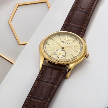 BERNY Luxury Watches for Men Classic Elegance Slim Dress Gold Quartz Men's Watch Leather Strap Fashion Business Wristwatch