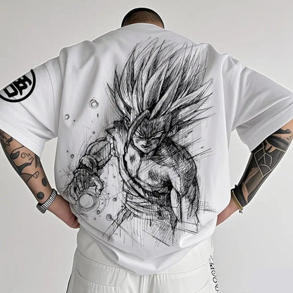T-shirt da uomo Dragon Ball Animation estiva, nuova stampa fronte-retro, vestibilità ampia casual Harajuku, maniche corte trendy, top coordinato genitore-figlio