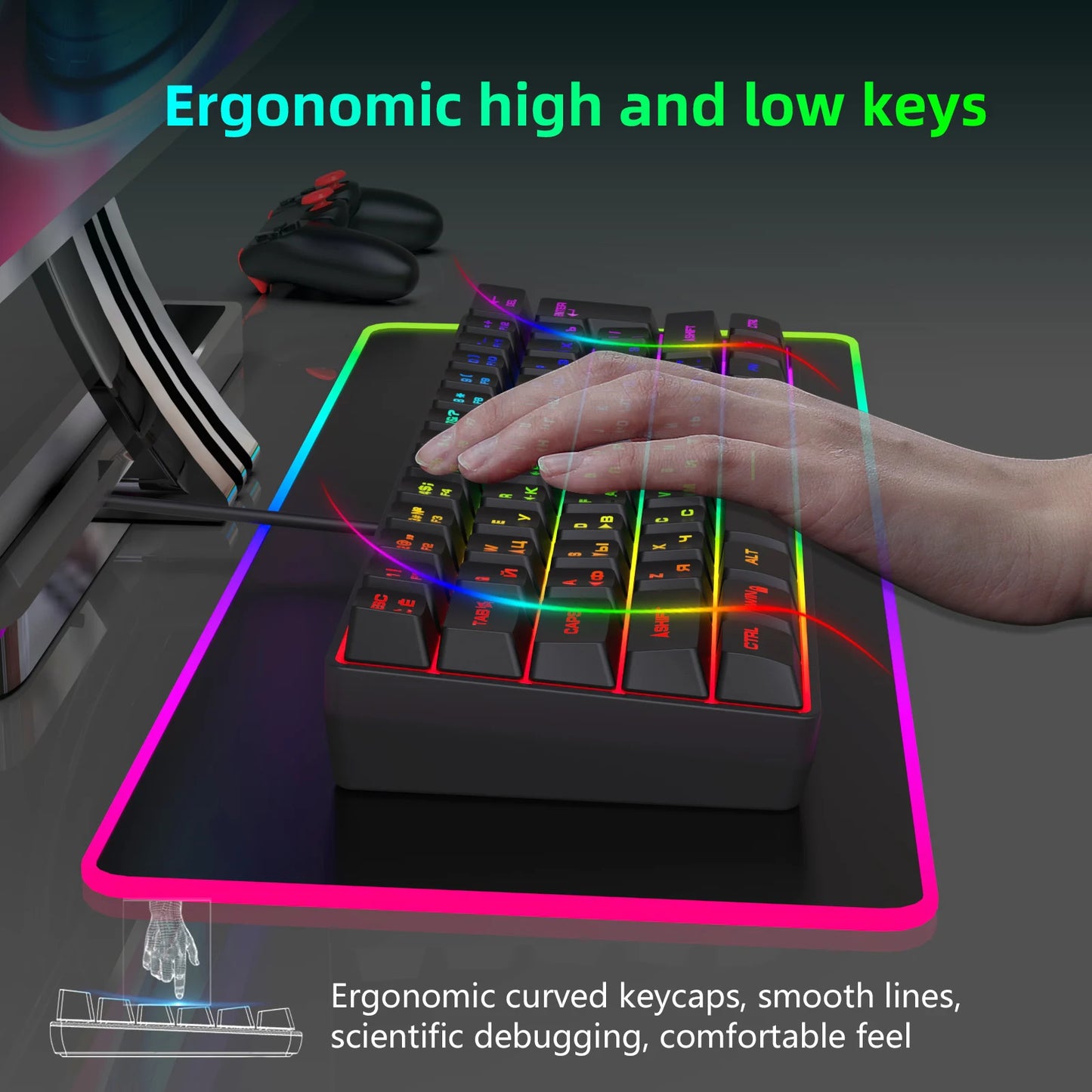 Teclado Gaming, Teclado Ultra-Compacto de 61 Teclas Russo/Inglês com Retroiluminação RGB, Teclado de Escritório Gaming Impermeável com Sensação Mecânica