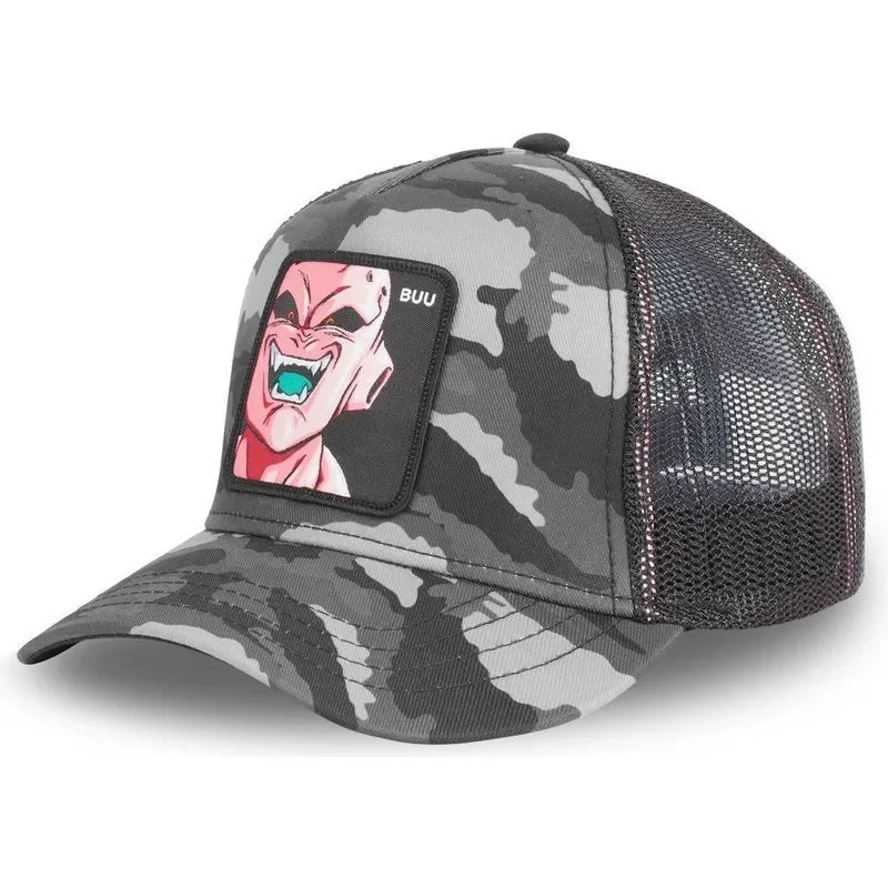 Dragon Ball Buu Goku sapka Nyári utazós csúcsos sapka Férfi hímzett hip-hop stílusú napellenzős állítható trucker hálós sapka