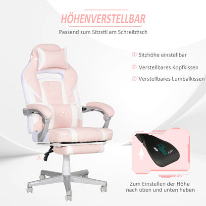 Pink Gaming Chair with Footrest, Adjustable, Headrest & Lumbar Pillow, 360° Swivel, High Back, Faux Leather, Max Load 120kg