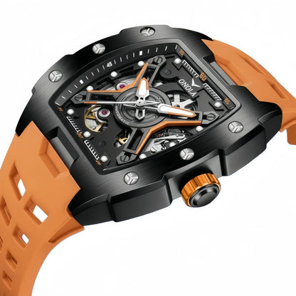 ONOLA Men's Rose Gold Automatic Mechanical Watch Silicone Strap Waterproof Luminous Hollow Dial Watch