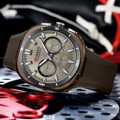 CURREN herenhorloge – Nieuw luxe quartzmodel, siliconen band, sportieve stijl, multifunctioneel, waterdicht, verlicht, met datumweergave en chronograaf.