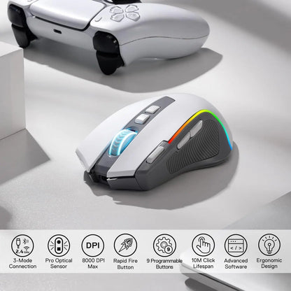 Mouse Gaming Redragon M612 PRO RGB BT 2.4G, ottico wireless 8000 DPI, 9 pulsanti programmabili, 7 modalità retroilluminate, B