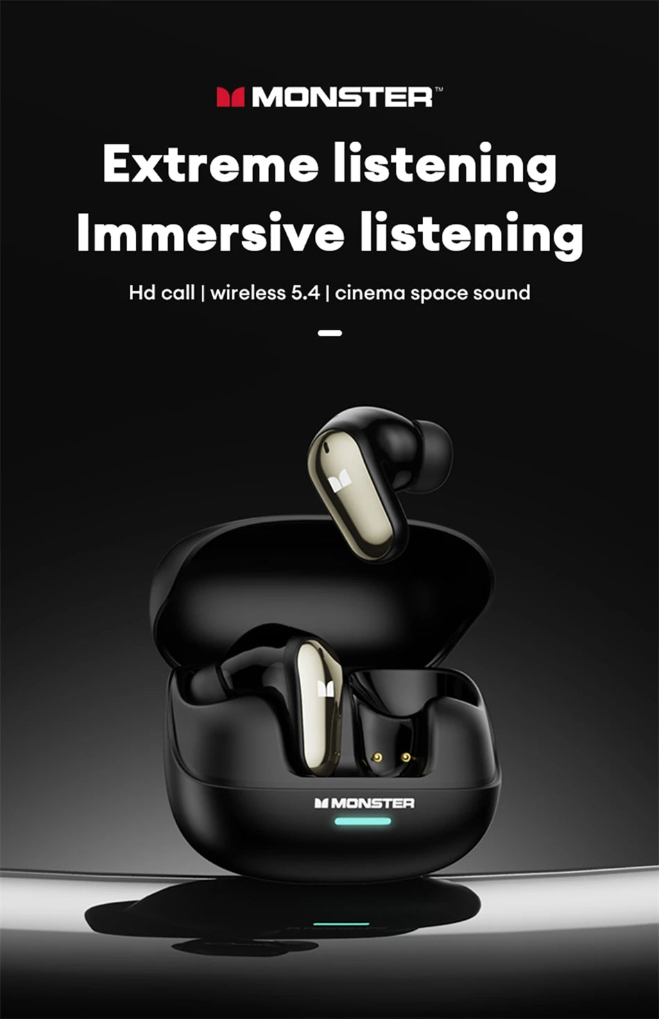 Monster MQT52 Bluetooth 5.4 Wireless Earphones Gaming Headphones with Mic, HiFi Stereo Sound True Wireless Earbuds, Low Latency Bluetooth 5.4 Earphones with 24H Battery Life