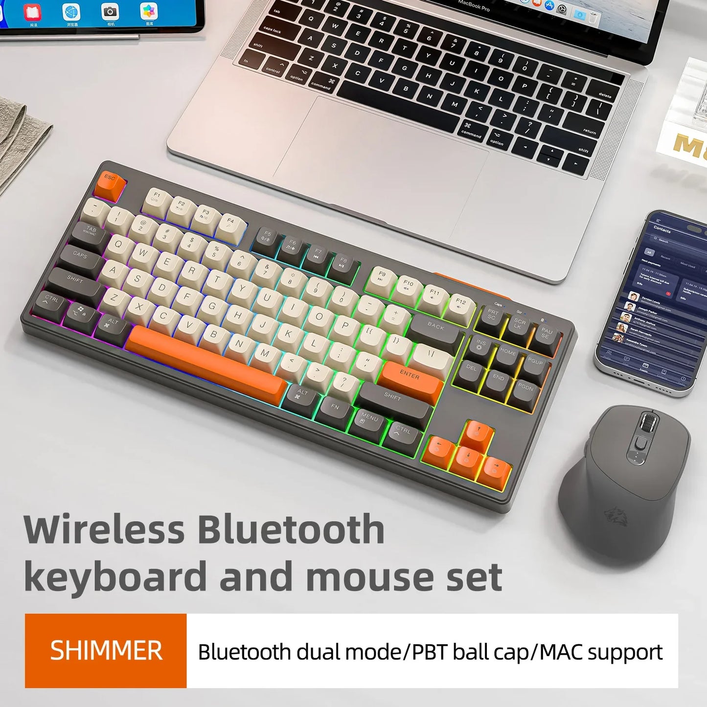 Teclado M87 Sem Fios Bluetooth de Modo Duplo, Sensação Mecânica para Gaming e Escritório, Silencioso, Teclas PBT Ball Cap, Luz Arco-Íris
