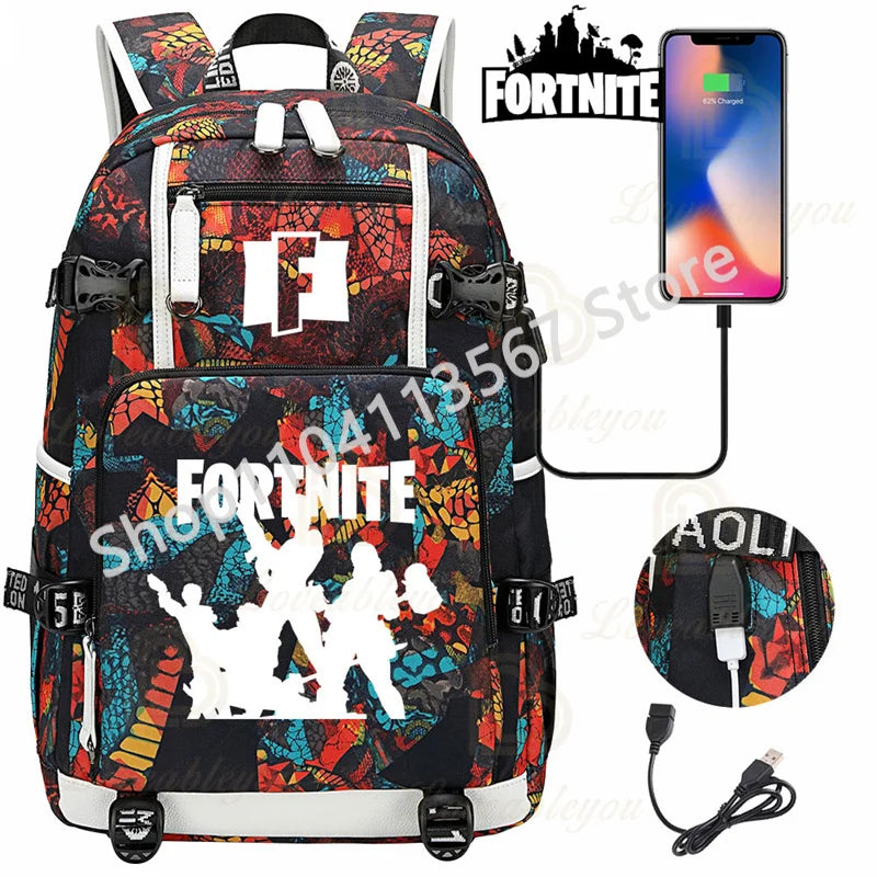 Yule Trooper F-Fortnited Battle Royale Backpack with USB Charging Anime Figures Study Stationery Compartment Students Mochila